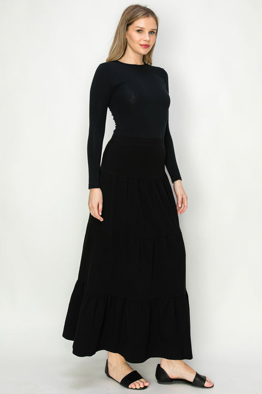 three tier cotton spandex  midi and maxi length skirt