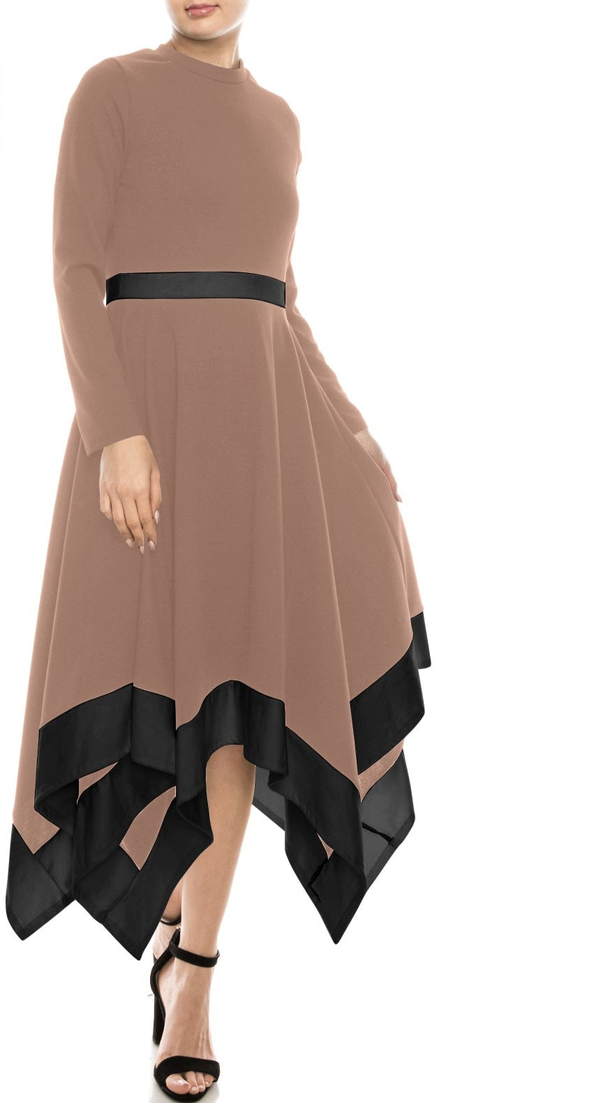 Taupe handkerchief hem midi dress