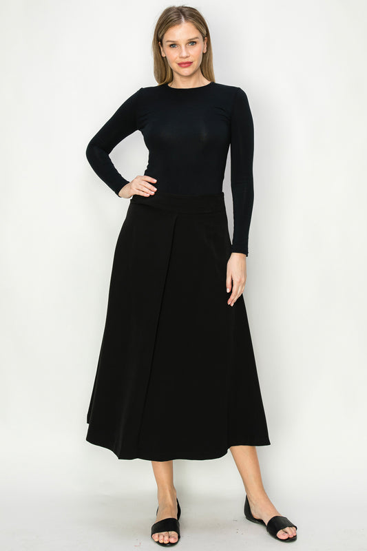  Single Center Pleat Flowing A-line Midi Skirt