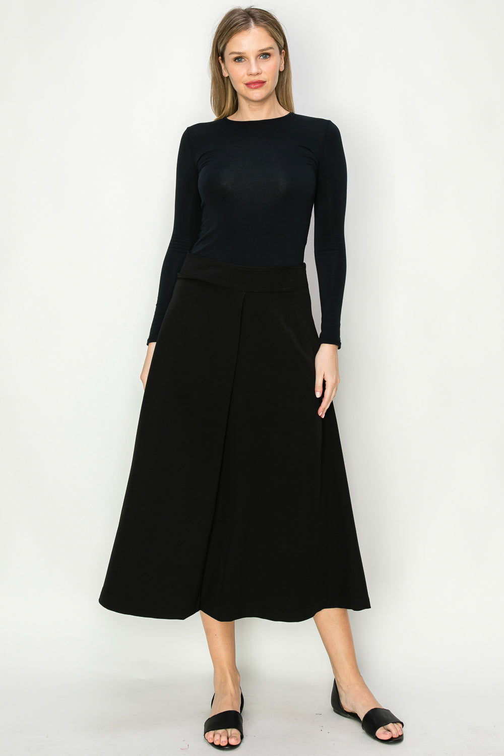  Single Center Pleat Flowing A-line Midi Skirt