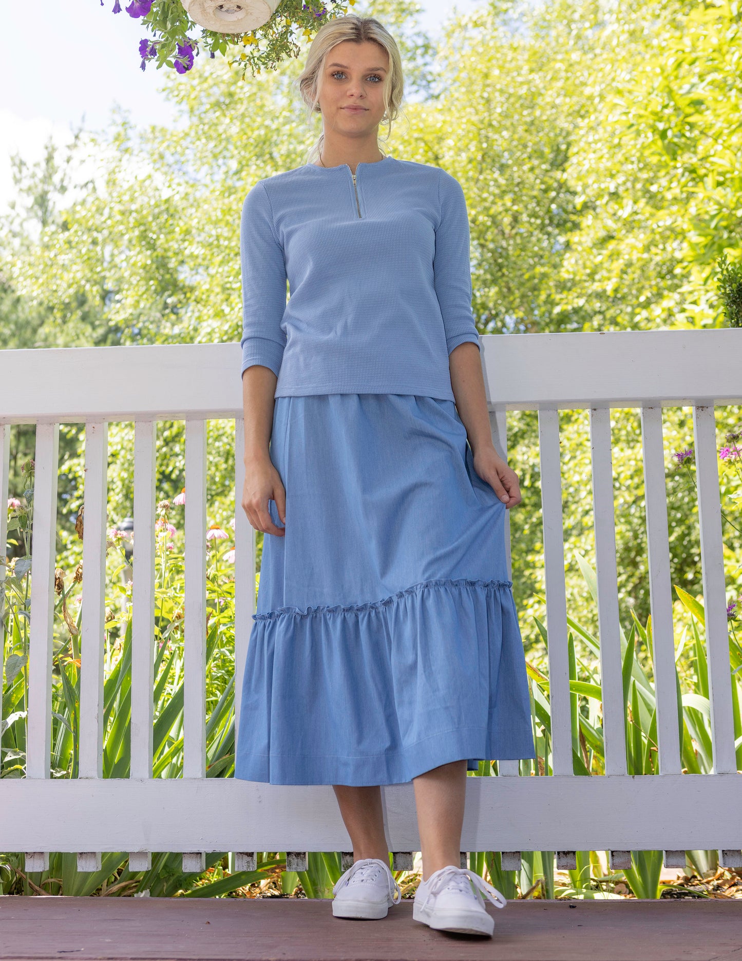 Rita Ruffles Tier Elastic Waist Midi Skirt Chambray
