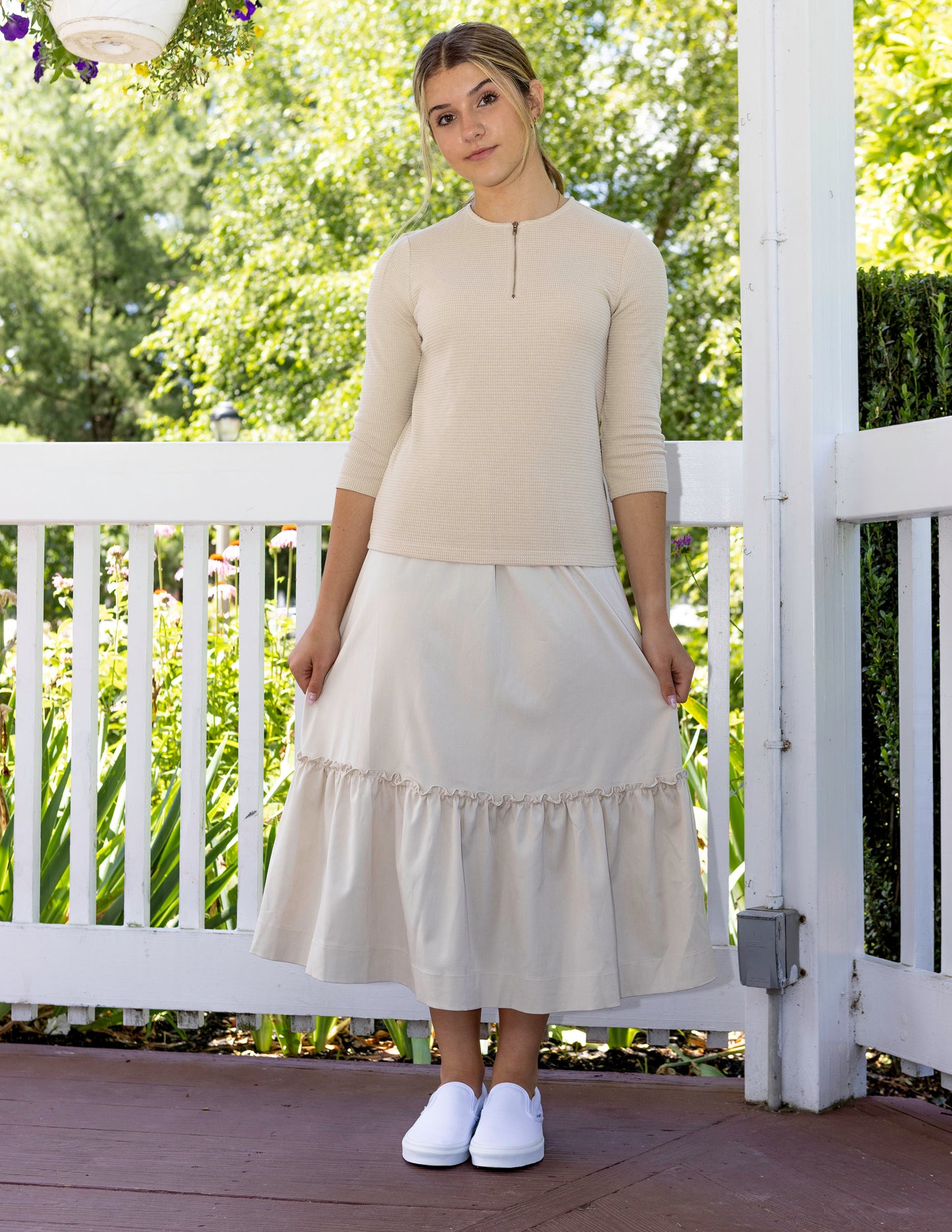 Rita Ruffles Tier Elastic Waist Midi Skirt Cream