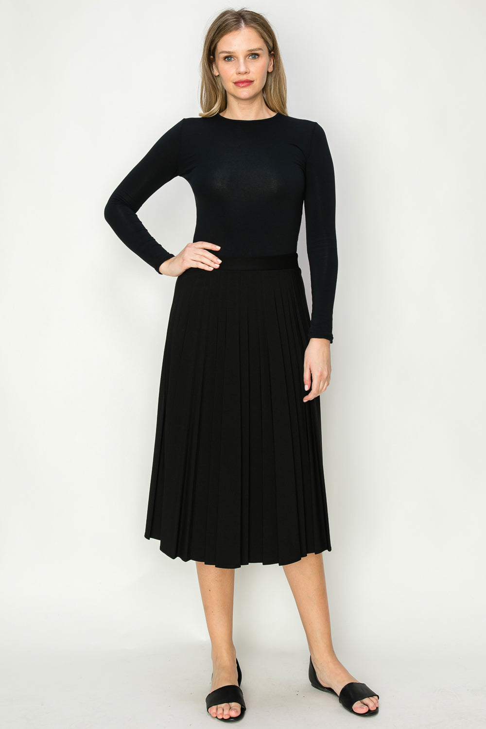 Novelty Pleated skirt elastic waist available in knee length to Maxi Length