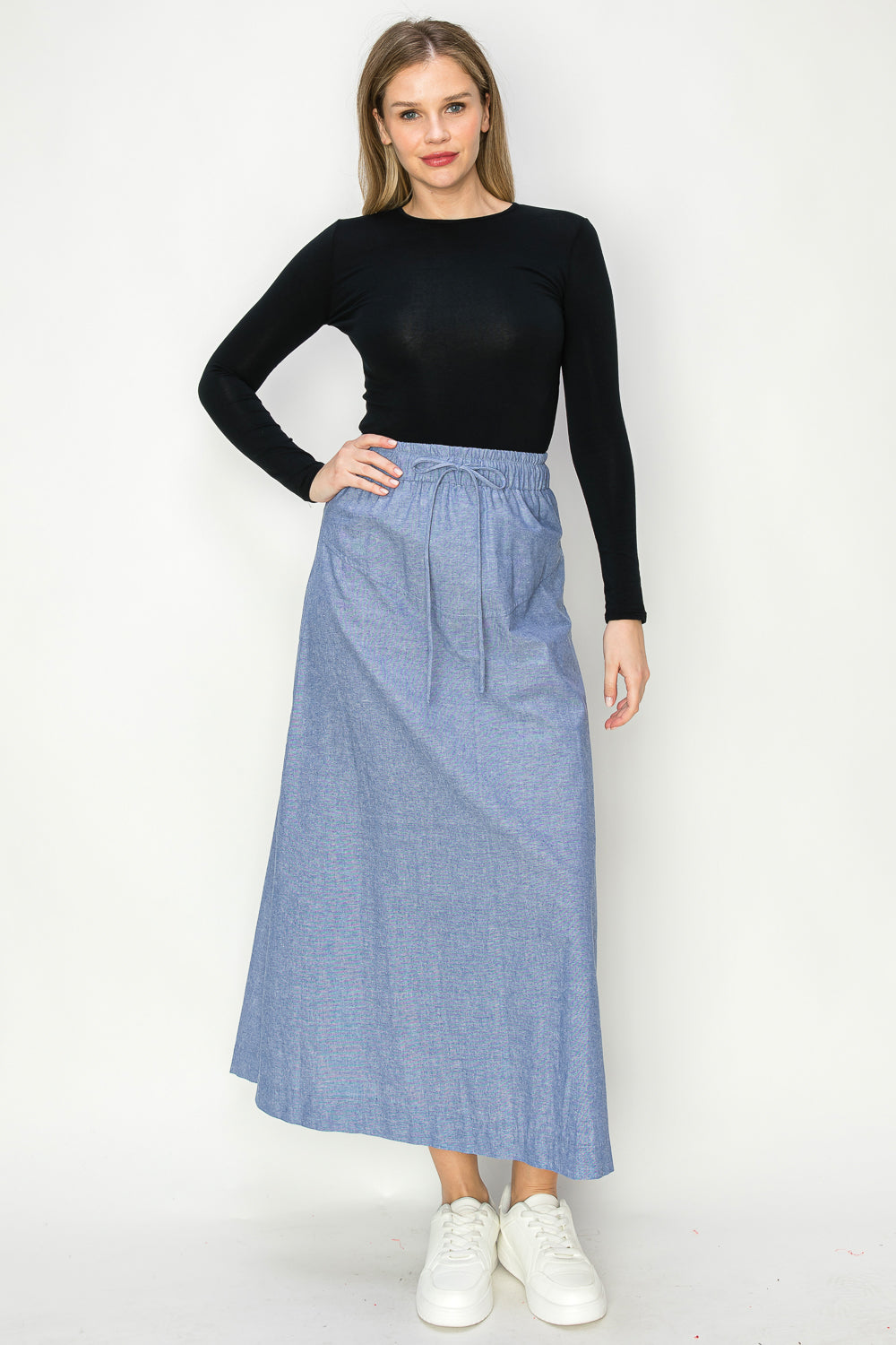 Cotton Oxford Chambrey Maxi Skirt With Draw String