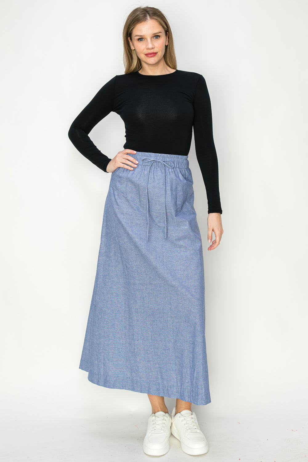  Cotton Oxford Chambrey Maxi Skirt With Draw String
