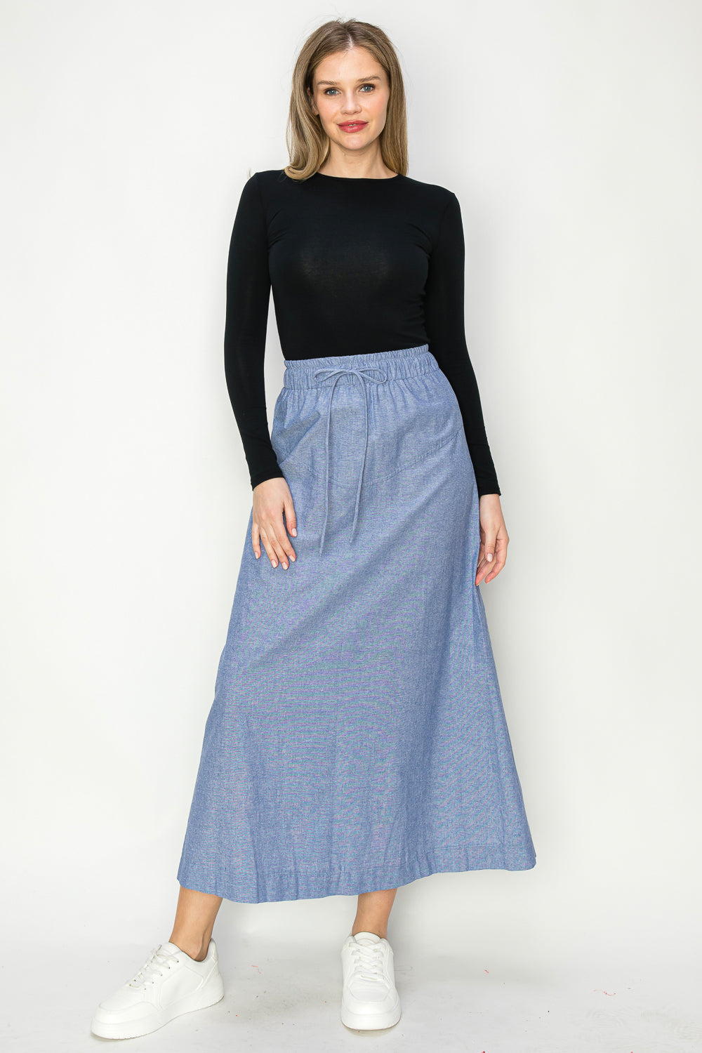 Cotton Oxford Chambrey Maxi Skirt With Draw String