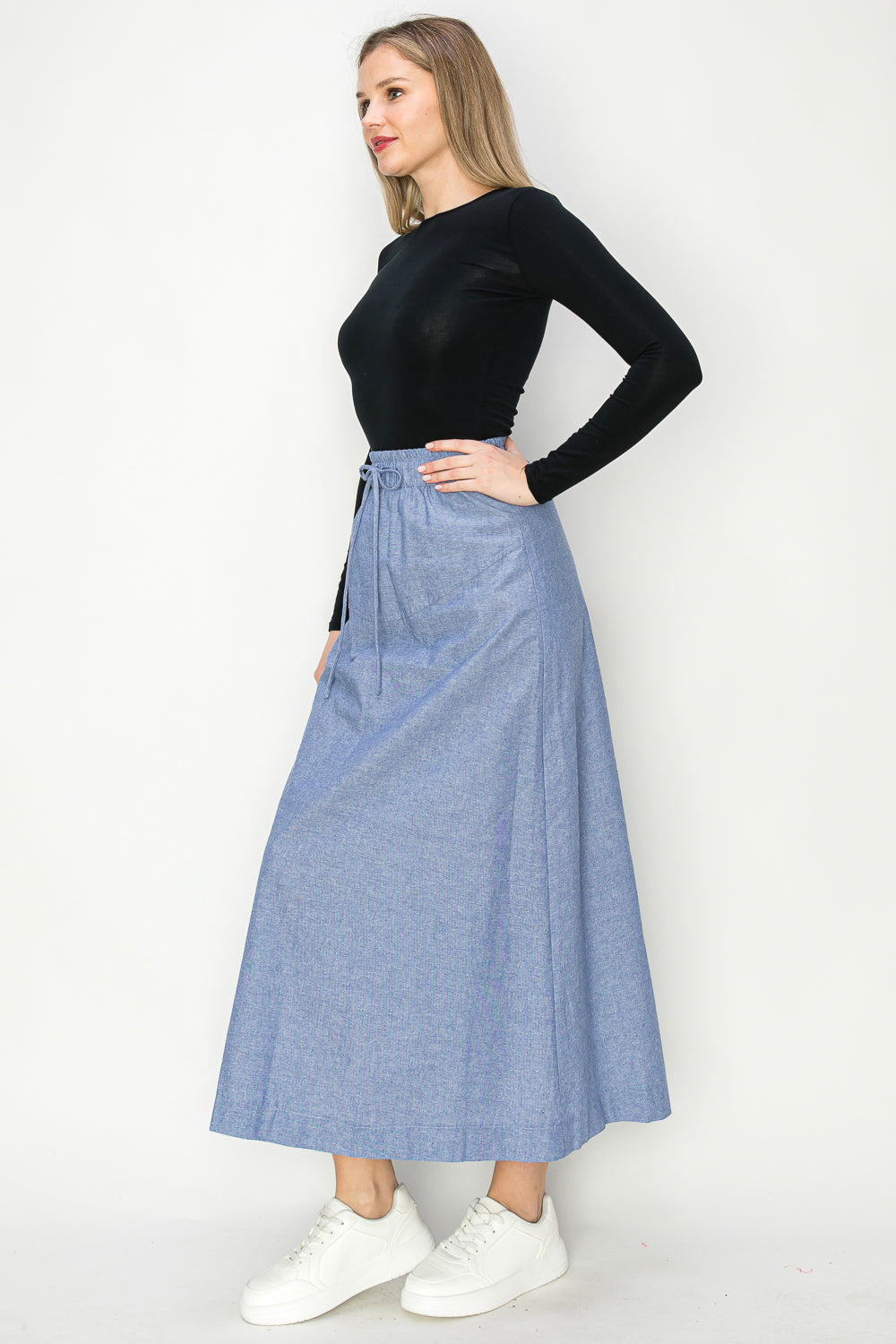 Cotton Oxford Chambrey Maxi Skirt With Draw String