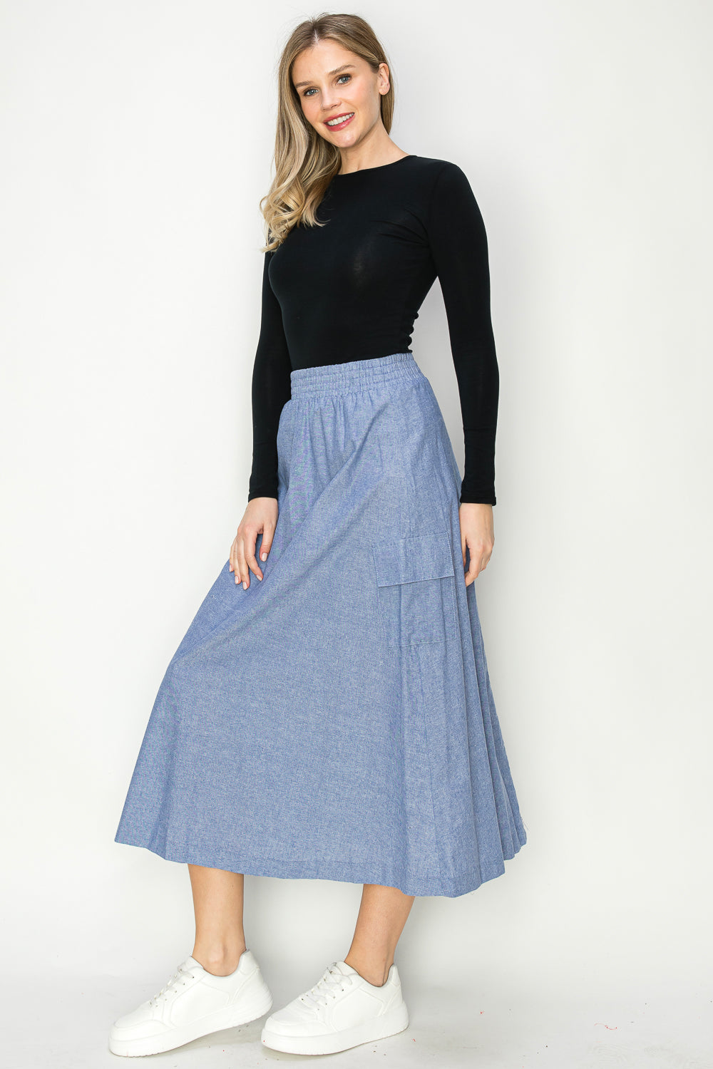  Cotton Oxford Chambray A-Line Midi & Maxi Skirt With Cargo Pockets
