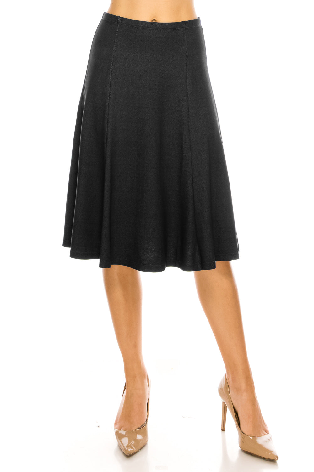 Denim Knit Flared A-line Below The Knee Midi Skirt - CHI-CHI NYC