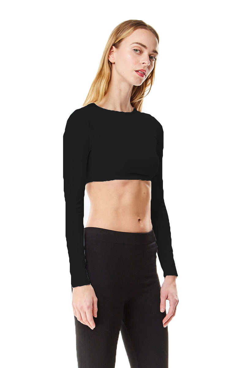Black Microfiber Long Sleeve Cropped Layering Top Shell - CHI-CHI NYC