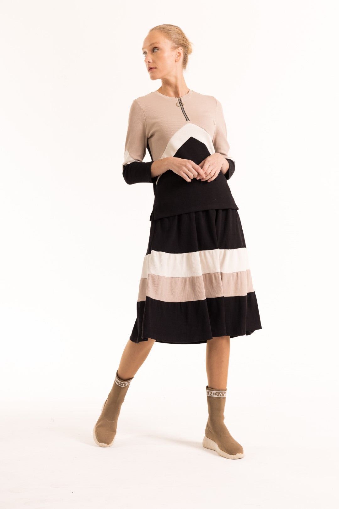 ribbed coton spandex color block t shirt with matching knee length skirt