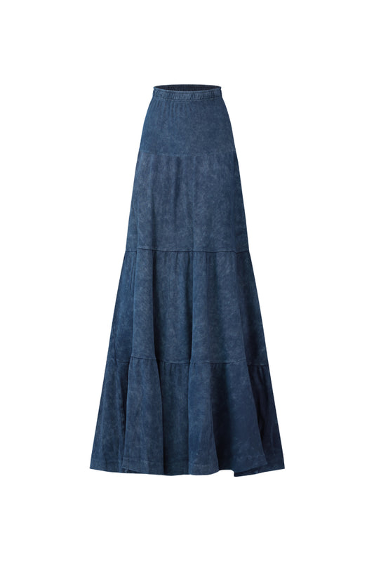 3 tier ribbed cotton acid washed maxi skirt
