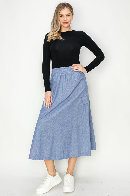  Cotton Oxford Chambray A-Line Midi & Maxi Skirt With Cargo Pockets