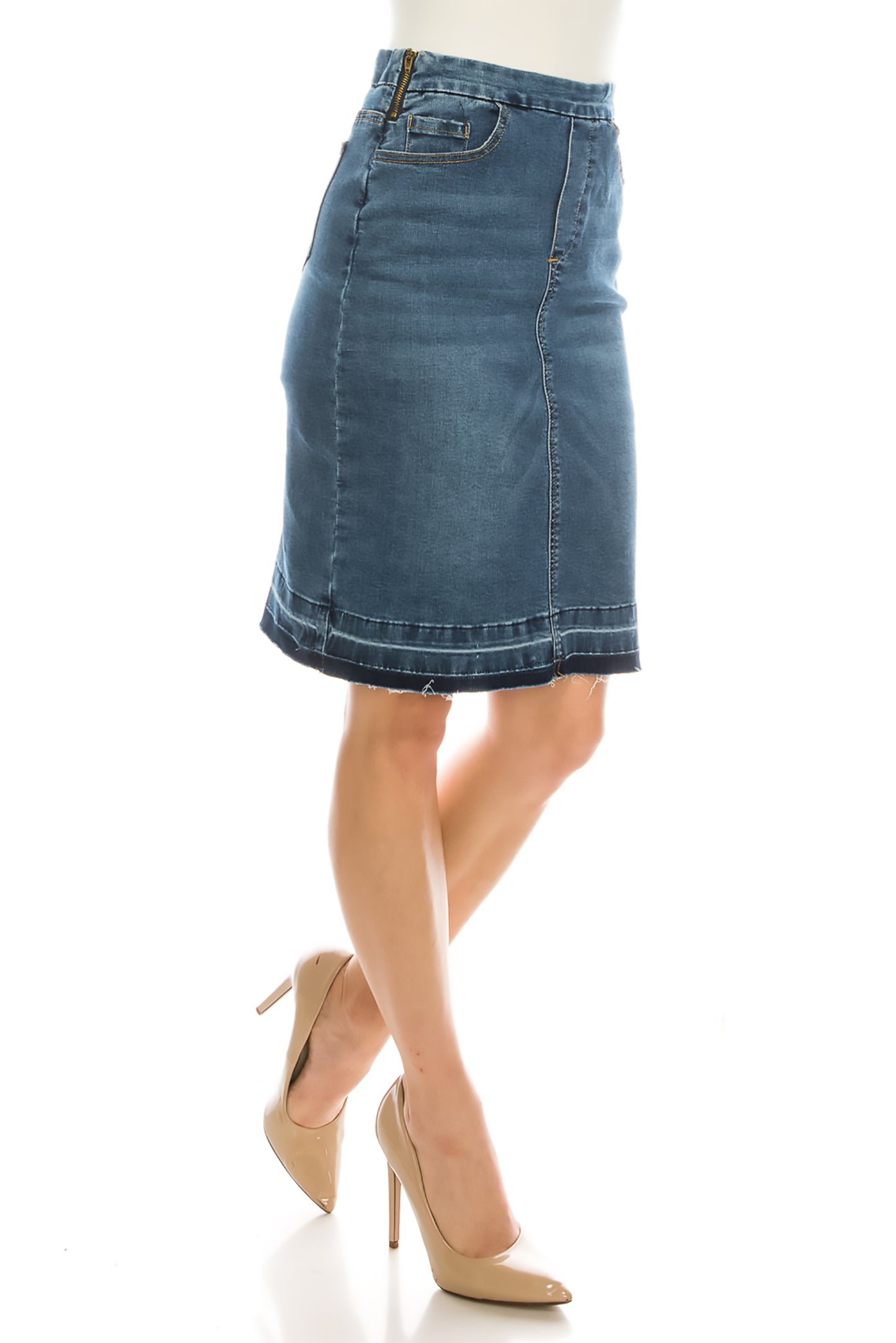 Vera Basic Knee Length Jean Pencil Skirt With Raw Hem - CHI-CHI NYC